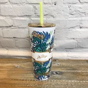 Lilly Pulitzer Double Wall Tumbler with Reusable Straw Resort White NWT